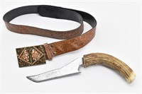 Hand Crafted Stag Horn Knife & Stone Design Belt