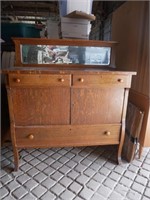 Vintage Oak Veneer Mirror Top Buffet w/Casters