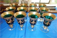 12 PC. GREEN GLASS WITH GOLD DECORATION STEMWARE