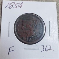 1854 Large One Cent F