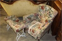 Floral Upholstered Arm Chair with Matching Stool