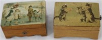 2 SWISS MUSIC BOXES, WOODEN CASE, ONE WITH CAT