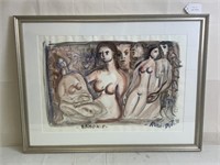 Expressionism Water Color of Nude Woman & Birds