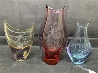 3 Bohemian Czech Etched Colored Glass Vases