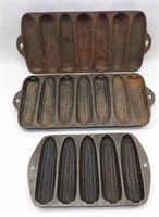 3 Cast Iron Corn Bread Pans-2 Wagner