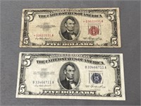 Blue and Red Seal $5.00 Bills