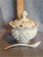 Fenton 3” jelly dish with lid and plastic spoon.