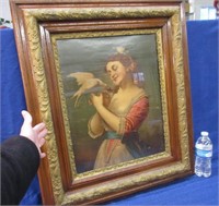 nice antique framed girl with bird print