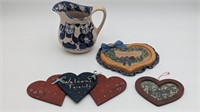 STONEWARE PITCHER AND VINTAGE DECORATIVE PLAQUES