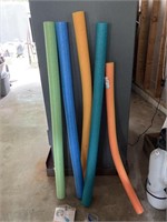 5 pool noodles, beach ball and swimming goggles,