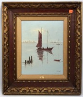 Oil Painting, sailboat, signed - 19" x 21.5", burl