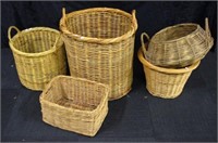 Five various woven cane baskets