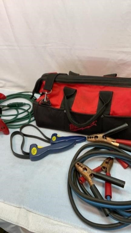 Jumper cables, strap clamps, bag, etc.