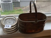 SILVER AND GLASS COASTER AND COPPER BASKET
