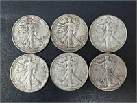 Six Walking Liberty Half Dollars