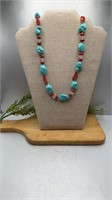 30 Inch Gold Tone Turquoise, Red and Clear Stone