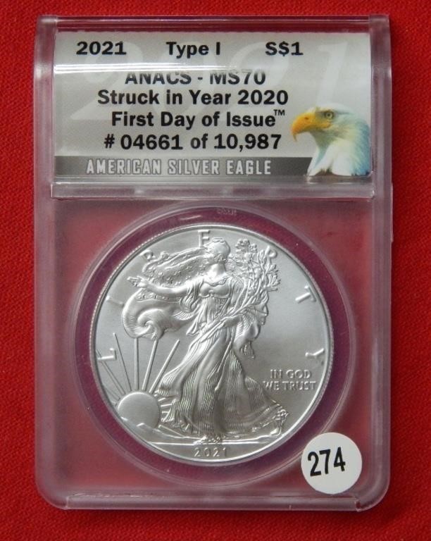 2021 American Eagle T1   ANACS MS70 1 Ounce Silver