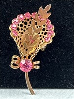 Rhinestone Bouquet Pin / Brooch Pink Goldtone.