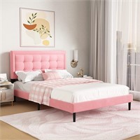 UNIZONE Velvet Pink Full Bed with Tufted Head