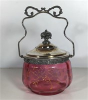 CRANBERRY GLASS JAR SILVER PLATE LID & HANDLE