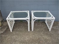 2 Glass Top White Wicker Side Tables