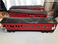 Vintage train cars, minor dents, paint chipping,
