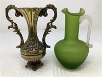 Green Matte Glass Pitcher & Brass Miniature