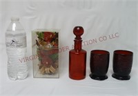 Hawaiian Wood Rose, Red Glass Bottle & Cups