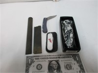 Knife/sharpening stone lot, 2 new knives