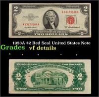 1953A $2 Red Seal United States Note Grades vf det