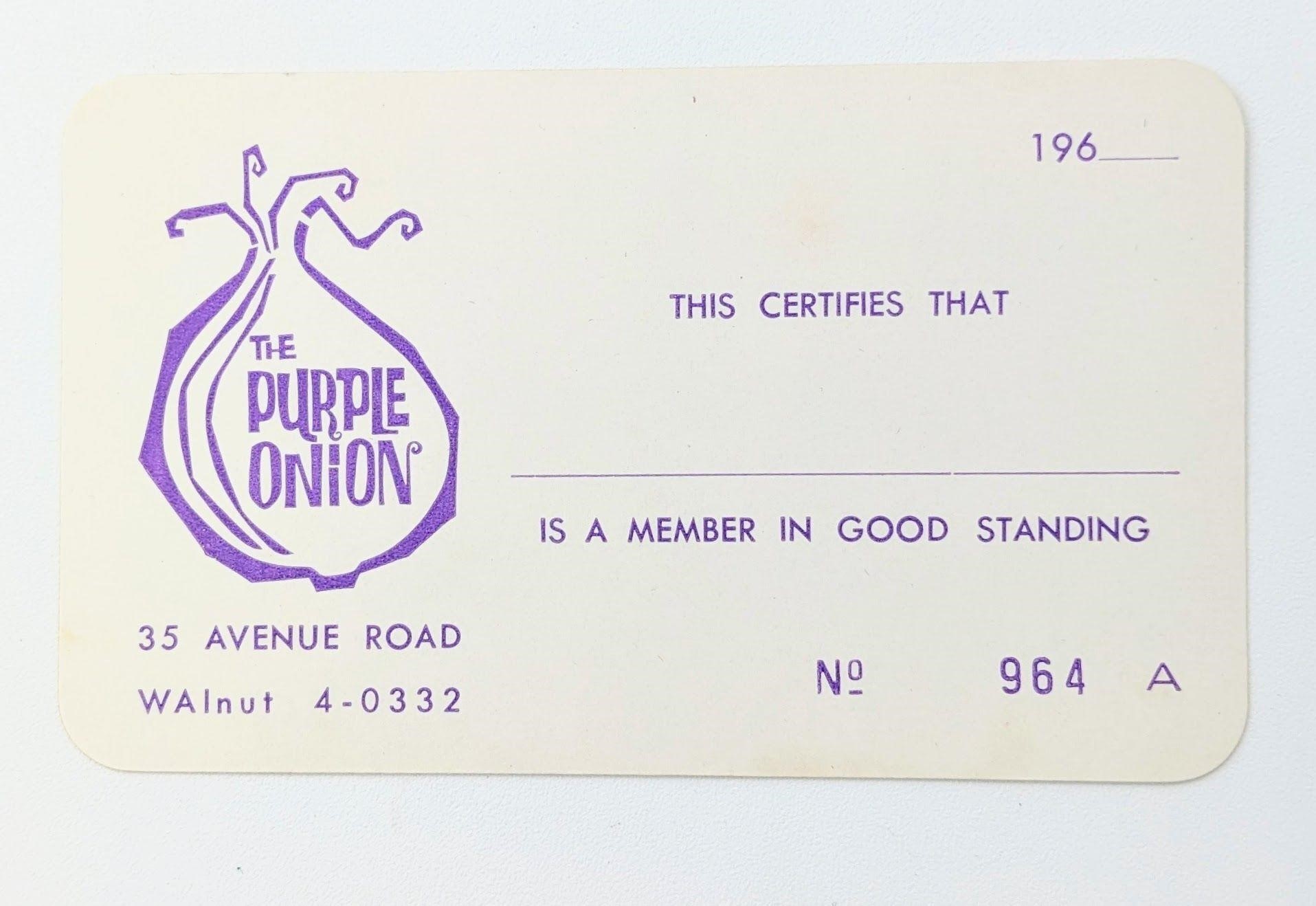 Membership Card To The Purple Onion Coffee House