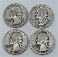(4) Older Silver Washington Quarters, (2) 1942,