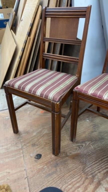 THREE MATCHING WOOD CHAIRS, STRIPPED CLOTH SEATS
