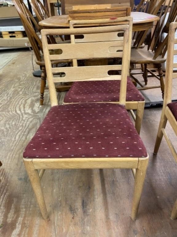 FOUR MATCHING WOOD CHAIRS WITH CLOTH SEATS