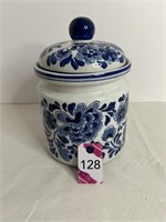 Vtg Blue Floral On White Cookie Jar 7" Dia x 10"H