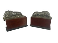 A Pair Of Wood & Metal Lion Bookends