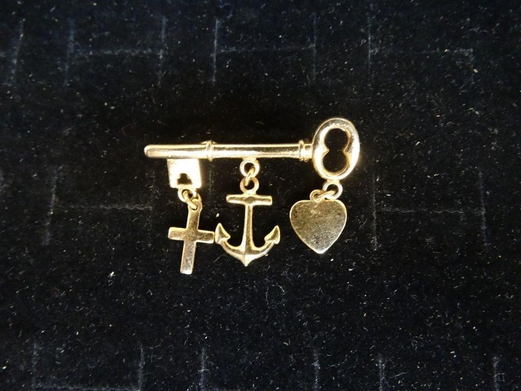 Vtg Faith, Hope & Charity Key Gold Tone Brooch