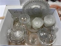 MISC. CLEAR GLASSWARE BOWLS, CANDLE STICKS, TRAYS