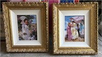 Gold Framed Linen Matted Prints Pair 20"w/23"t