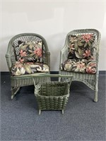 3 green wicker pieces- rocking chair with