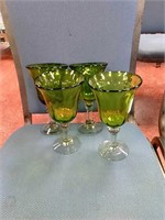 4 green to clear stem bell goblets