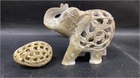 Soapstone Hand Carved Double Elephant /Bird in Egg