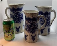 (3) Flow Blue Pitchers Made in England