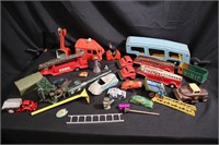 Large tin toy lot, fire trucks & more