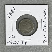 1867 Post Civil War Three Cent Nickel