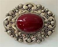 ORNATE STERLING SILVER BROOCH W RED STONE