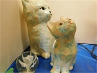 2 CERAMIC DECANTER CATS , PAPER WEIGHT