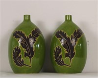 PAIR OF TAPERED GREEN VASES WITH FEATHER DESIGN