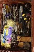 BIN OF WRENCHES, PIPE CUTTER, TAPE MEASURES & ROPE