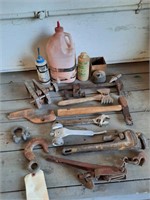 LOT OF VINTAGE HAND TOOLS PIPE WRENCH HOOK ETC